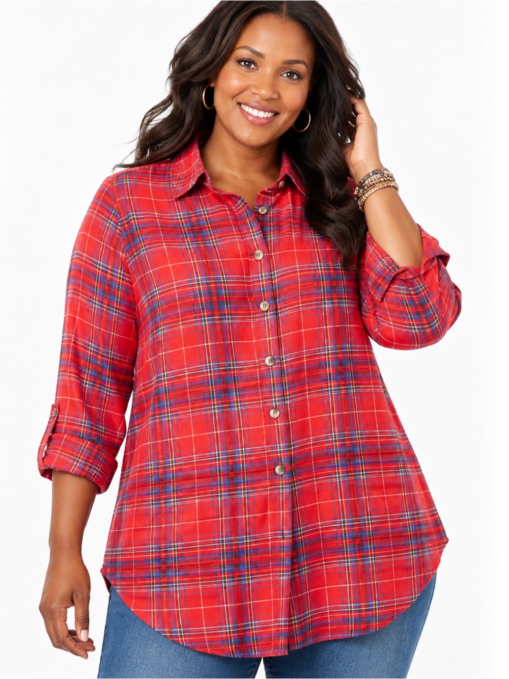 NWT Women’s 18/20 Red Plaid Cotton Flannel Button Front Tunic Shirt